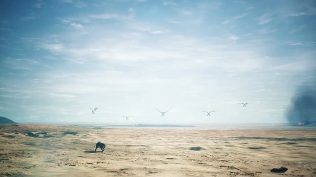 Dragons flying over vast desert 3D animation fantasy background