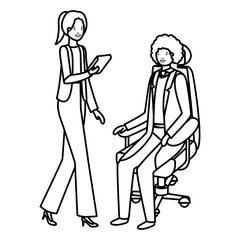 man sitting in office chair and woman with tablet