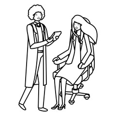 woman sitting in office chair and man with tablet