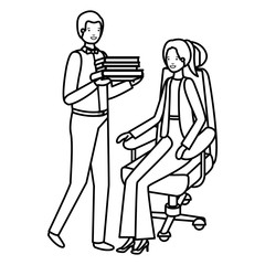 woman sitting in office chair and man with book