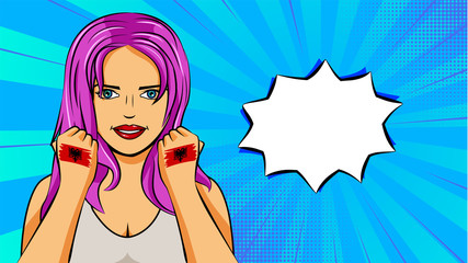 European woman paint hands of national flag Albania in pop art style illustration. Element of sport fan illustration for mobile and web apps
