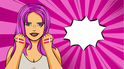European woman paint hands of national flag Denmark in pop art style illustration. Element of sport fan illustration for mobile and web apps