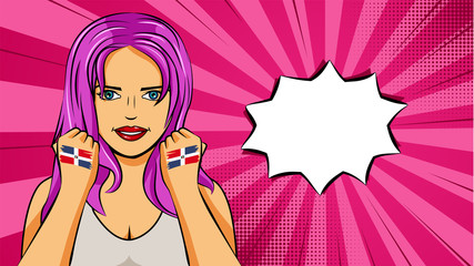 European woman paint hands of national flag Dominican Republic in pop art style illustration. Element of sport fan illustration for mobile and web apps