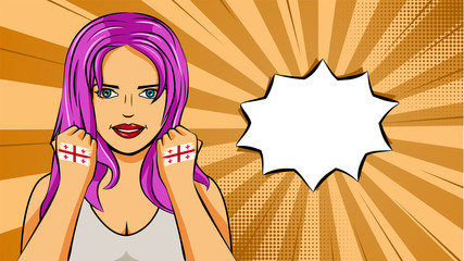 European woman paint hands of national flag Georgia in pop art style illustration. Element of sport fan illustration for mobile and web apps
