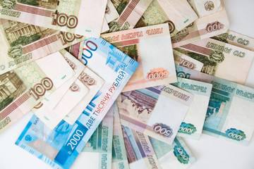 The texture of the banknotes. Russian money, banknote close up macro, rouble money close up.