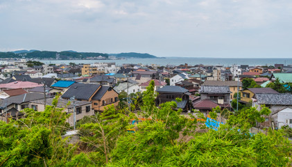 Obraz premium Wide angle view over the city and bay of Kamakura Japan