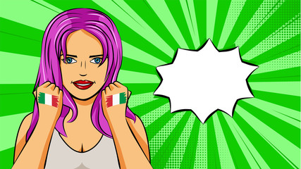 European woman paint hands of national flag Italy in pop art style illustration. Element of sport fan illustration for mobile and web apps