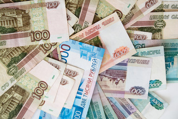 The texture of the banknotes. Russian money, banknote close up macro, rouble money close up.