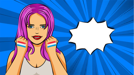 European woman paint hands of national flag Luxembourg in pop art style illustration. Element of sport fan illustration for mobile and web apps