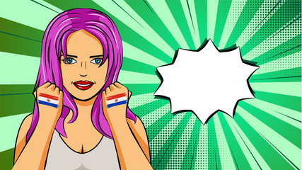 European woman paint hands of national flag Paraguay in pop art style illustration. Element of sport fan illustration for mobile and web apps
