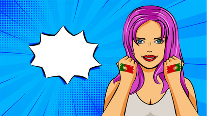 European woman paint hands of national flag Portugal in pop art style illustration. Element of sport fan illustration for mobile and web apps