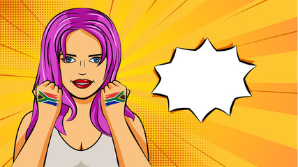 European woman paint hands of national flag South Africa in pop art style illustration. Element of sport fan illustration for mobile and web apps