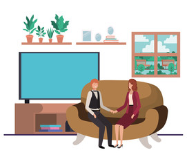 business couple sitting in livingroom avatar character
