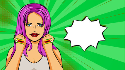 European woman paint hands of national flag Zimbabwe in pop art style illustration. Element of sport fan illustration for mobile and web apps