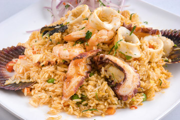 Peruvian food: Rice with seafood.