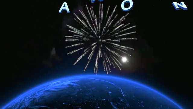 Background of animated planet earth with fireworks, modern with happy new year 2019 coming out in space, Abstract rendering with 3d titles. Slow camera in 4K.