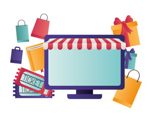 computer desktop with tent and gift bags