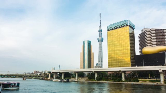 Panning time-lapse of Sumida-gawa river cruise boats, moving clouds on blue afternoon sky behind Tokyo Skytree, buildings and bustling city traffic next to Azumabashi bridge in Asakusa. 4k at 30fps
