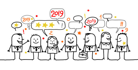 Happy Cartoon Social Business People and New Year 2019