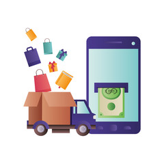 smartphone with money and delivery car