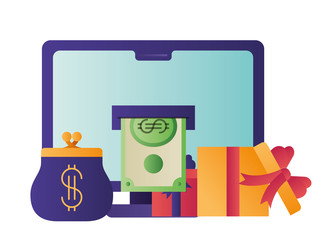 computer screen with dollar and gift