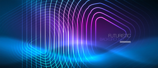 Neon glowing techno lines, hi-tech futuristic abstract background template with geometric shapes