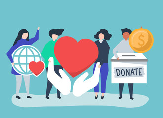 People carrying donation and charity related icons