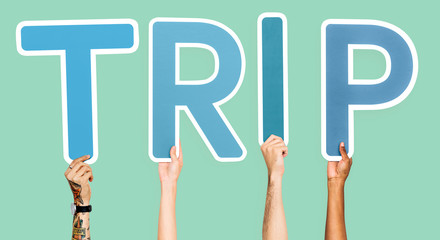 Diverse hands holding the word trip