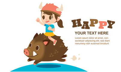 Vector cute girl character riding on a wild boar for greeting card
