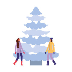 two women together with winter tree