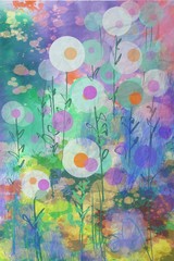 Abstract bubble dot imaginary fantasy blooms and flowers in fun colorful watercolor layers background design