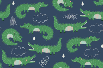 Bezszwowy wektoru wzór z ślicznymi krokodylami w zieleni na błękitnym tle - 232406946