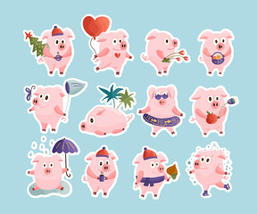New Year 2019 set with Christmas cartoon flat pink pigs.