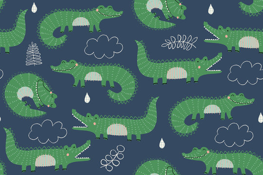 Seamless vector pattern with cute crocodiles in green on a blue background