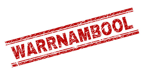 WARRNAMBOOL seal print with grunge effect. Red vector rubber print of WARRNAMBOOL text with grunge texture. Text tag is placed between double parallel lines.