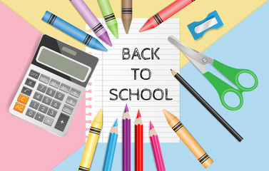 Back to school text on notepaper with school supplies on pastel color background, flat lay. Vector illustration