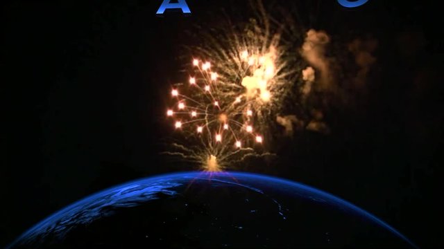 Background of animated planet earth with fireworks, modern with happy new year 2019 coming out in space, Abstract rendering with 3d titles. Slow camera in HD.