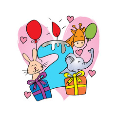 Happy birthday  with candle and cute animals