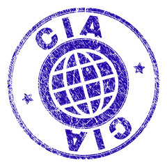 CIA stamp print with grunge texture. Blue vector rubber seal print of CIA title with dirty texture. Seal has words placed by circle and planet symbol.
