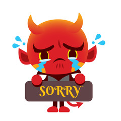 Vector cute devil character crying and holding SORRY sign isolated on white background.