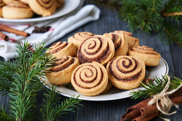Homemade cinnamon cookies in the shape of a spiral on a plate