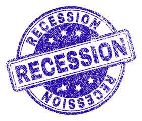 RECESSION stamp seal imprint with grunge texture. Designed with rounded rectangles and circles. Blue vector rubber print of RECESSION text with grunge texture.