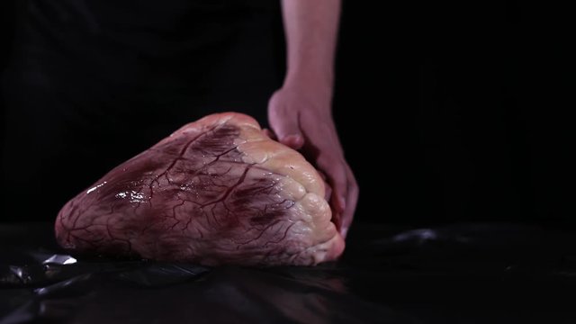He stabs a beef's heart with a big knife