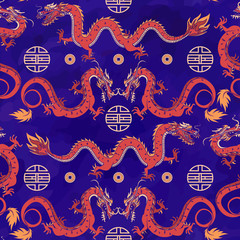 Nahtloses orientalisches Muster mit Drachen, chinesisches Ornament auf Aquarellhintergrund © lidiia