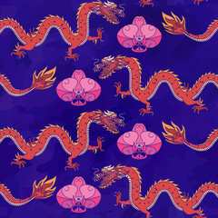Seamless oriental pattern with dragons and orchids, chinese ornament on a watercolor background