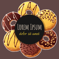 Vector template for advertising products. Round sticker with yummy chocolate donuts for your design. Banner for a bakery.