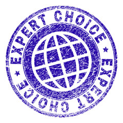 EXPERT CHOICE stamp print with distress texture. Blue vector rubber seal print of EXPERT CHOICE caption with scratched texture. Seal has words placed by circle and planet symbol.