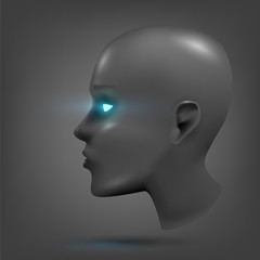 The head of the robot, the face of the android with luminous eyes. Cyber human, technology, conception: artificial intelligence, bioengineering