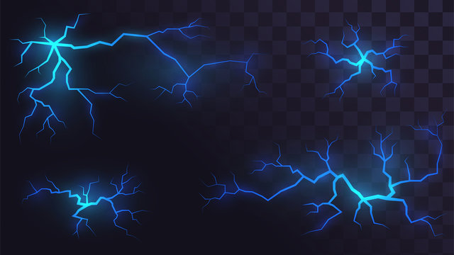 Set of electric lightning on a transparent background, blue flaming crevices