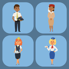 Pilots and stewardess vector illustration airline character plane personnel staff air hostess flight attendants people command.